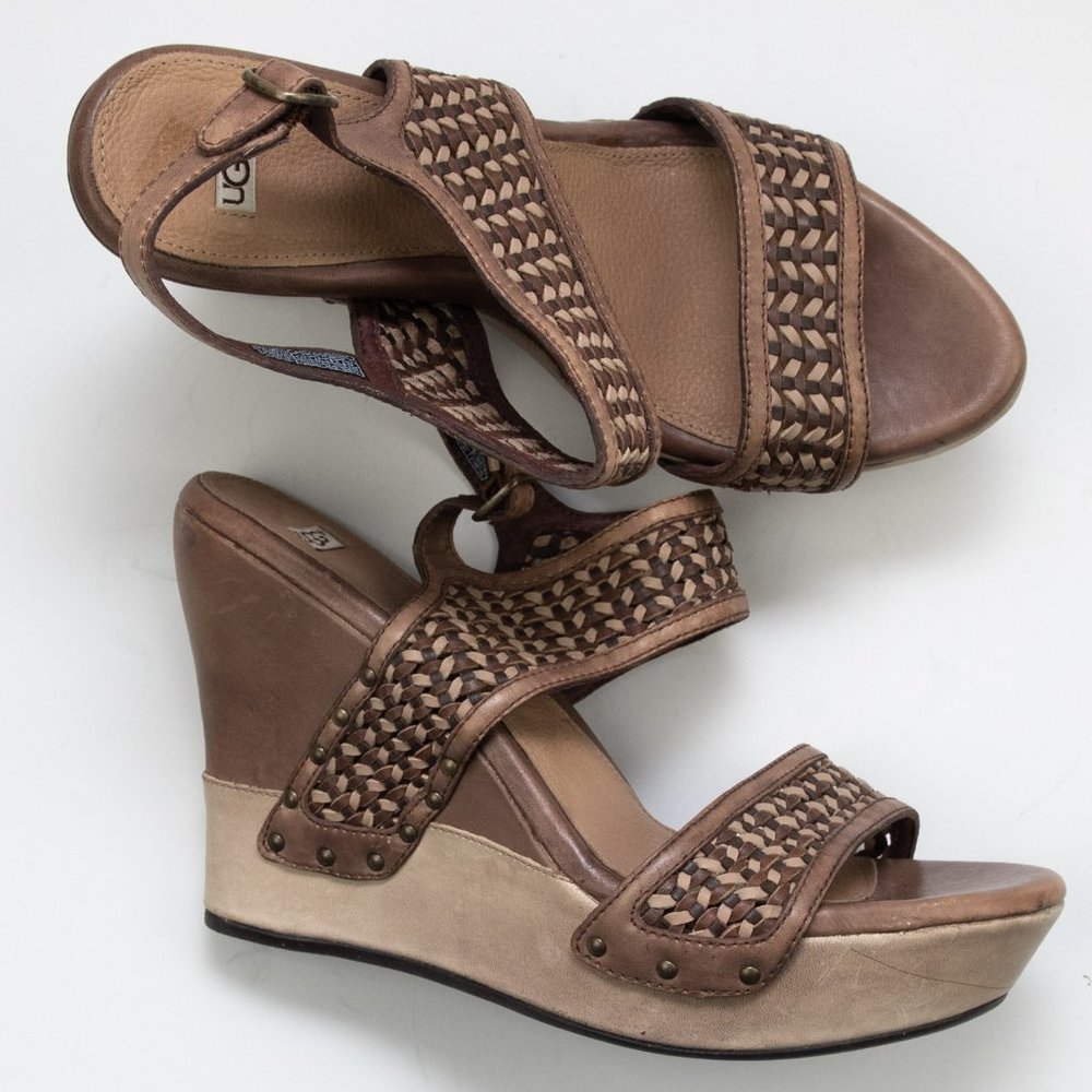 UGG Assia Sandals Leather Braided Straps Platform Wedge Heel Shoes Brown Size 10